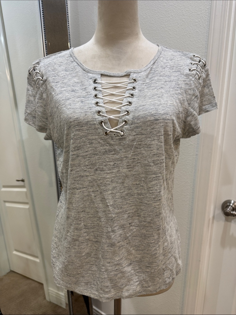 Generation Love Heather Gray Lace-Up V-Neck 100% Linen Tee